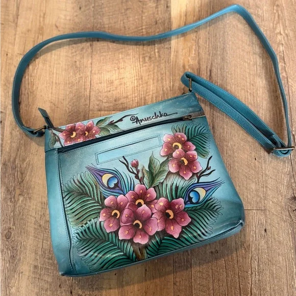 Anuschka Peacock Hand-Painted Blue Floral Crossbody Bag - Picture 9 of 15